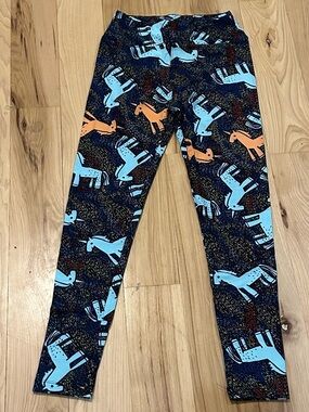 LuLaRoe Horse Print Leggings - Light Blue & Orange